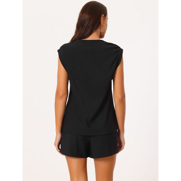 Two Piece Outfits Stretchy Sweatshirt Tank Top and Shorts Tracksuit Sets Black - Picture 4 of 6